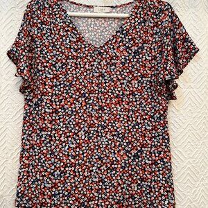 Loft Outlet Navy & Red Floral Print Flutter Sleeve V-Neck Blouse Women's Size M